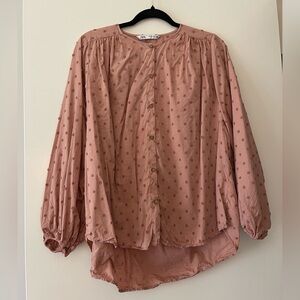 Zara Rose Pink Textured Dot Button-Up Blouse